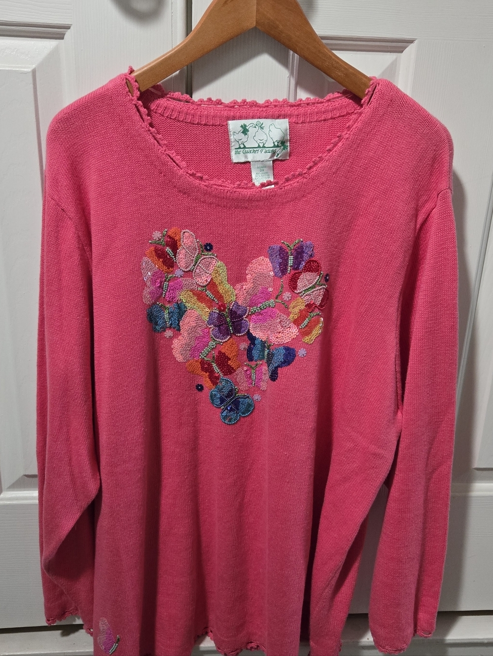 Quacker Factory Bright Pink Embroidered Butterfly Heart Sweater, 3X